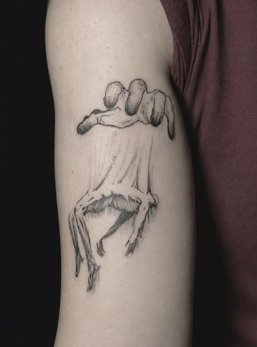 Etching-style upper arm tattoo of two elongated figures rendered in fine hatched linework