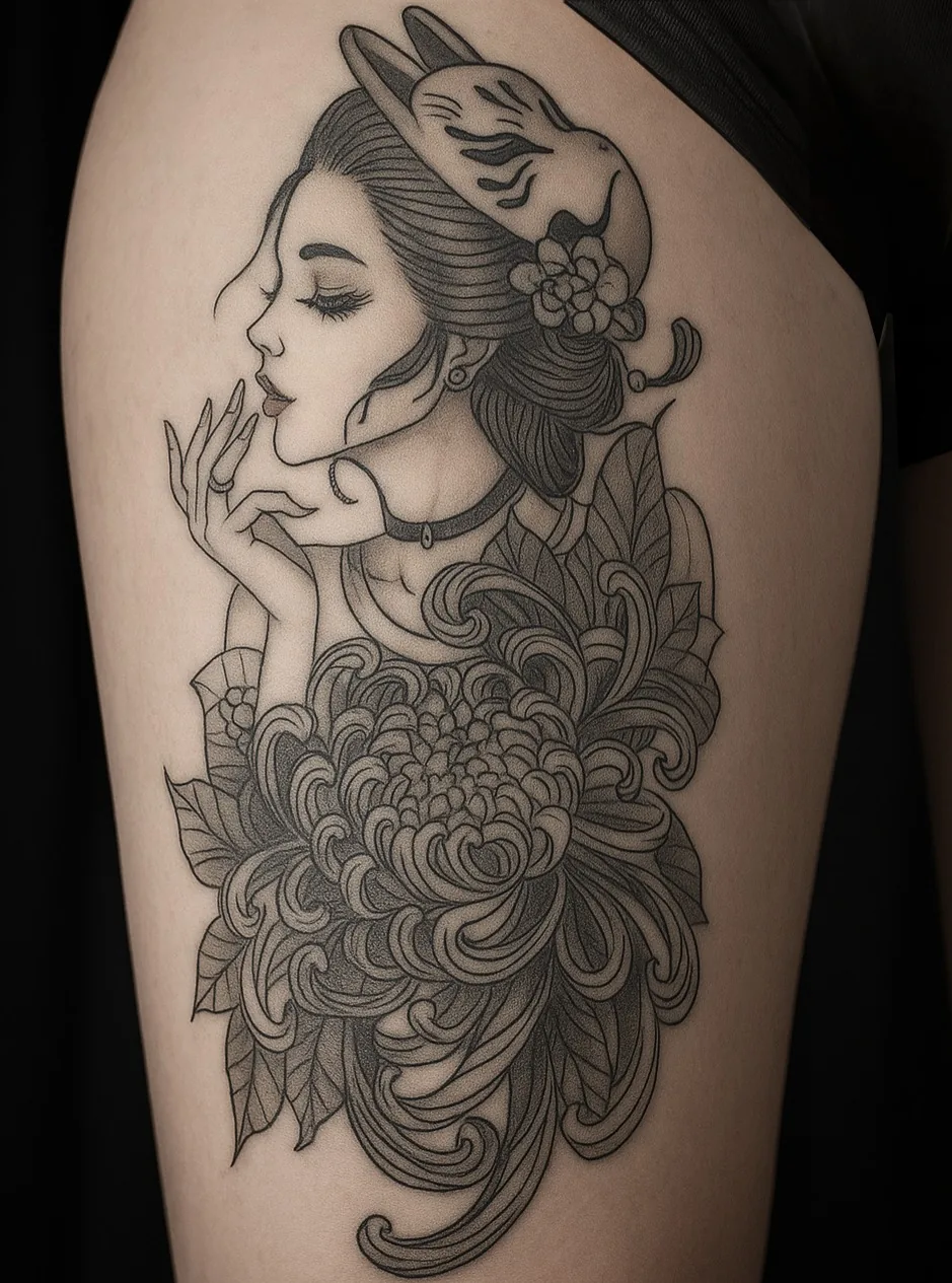 Fine line thigh tattoo of a geisha in profile wearing a fox mask, above a large chrysanthemum