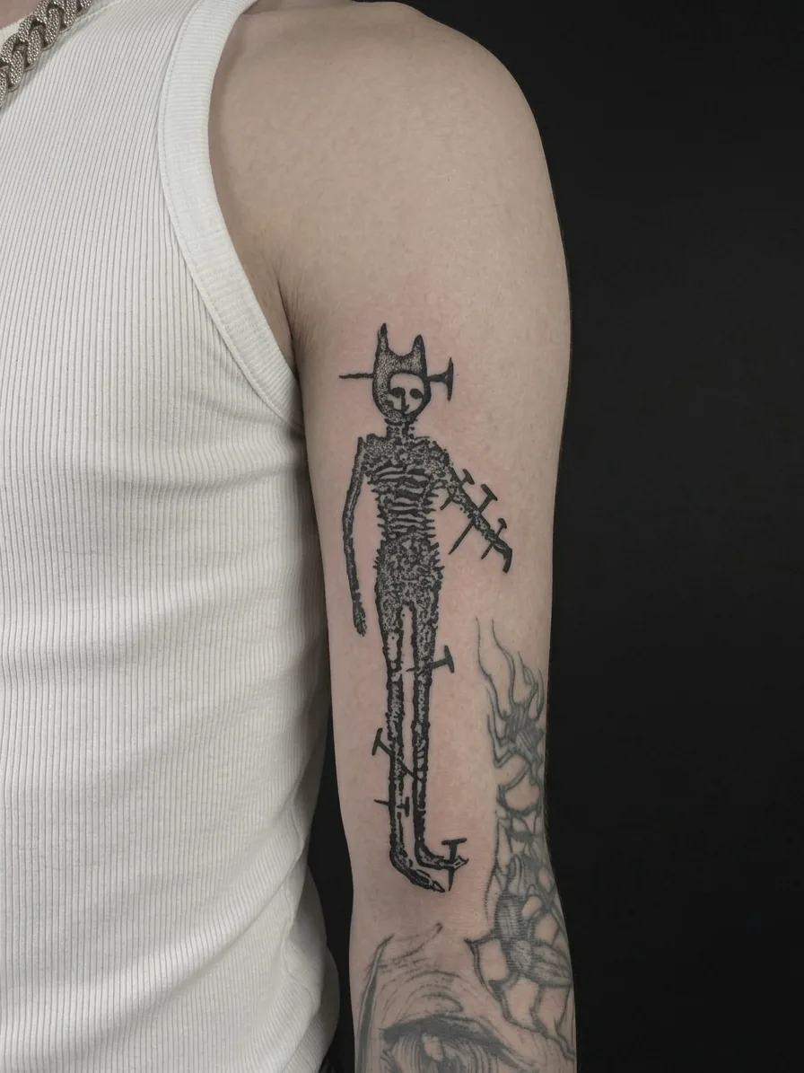 Dotwork upper arm tattoo of a horned skeletal figure pierced through with nails