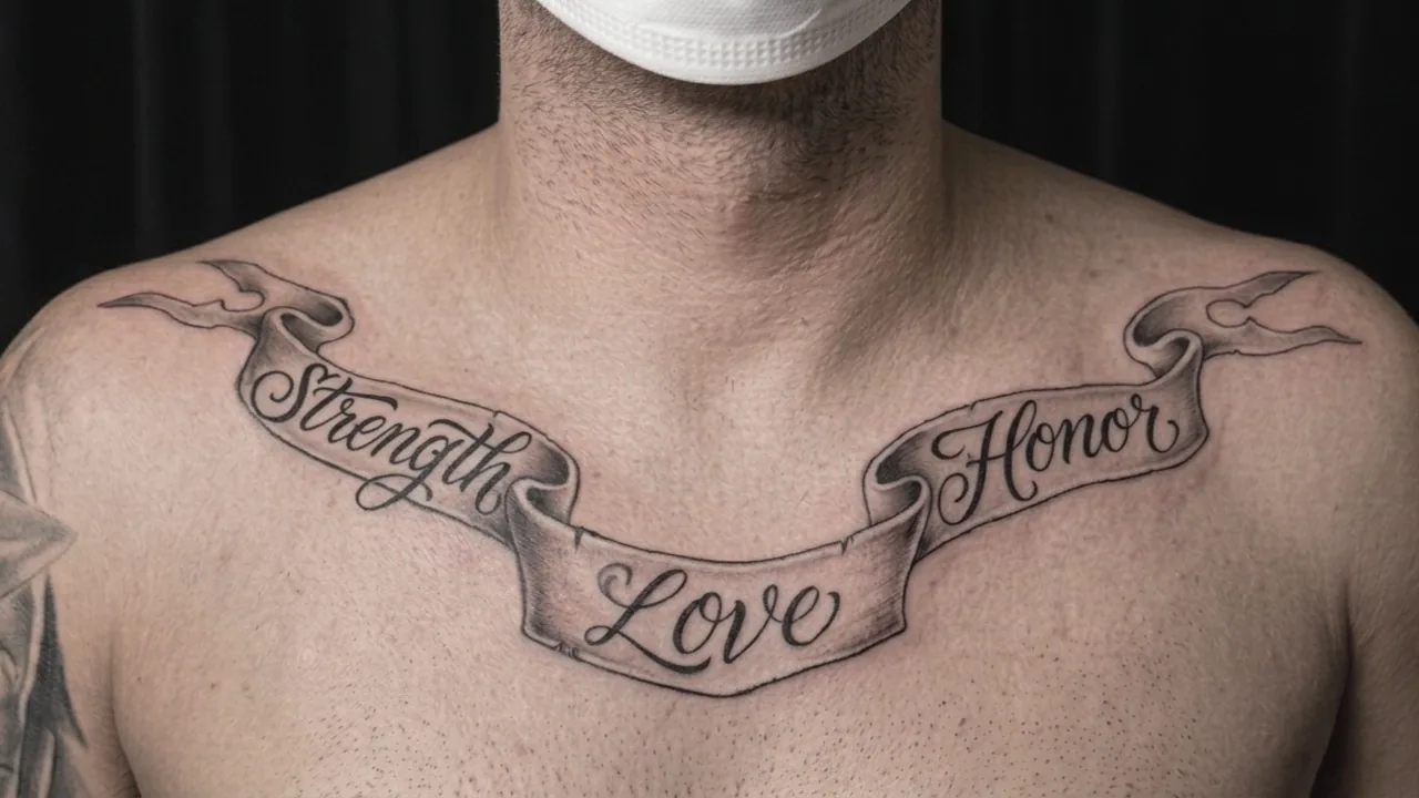 Script tattoo across the collarbones reading Strength, Love and Honor on a flowing banner